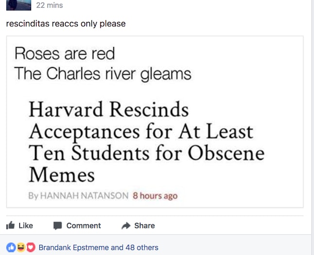 Harvard Rescinds 10 Offers To Students Who Shared Hateful Memes In A Private Facebook Group Chat