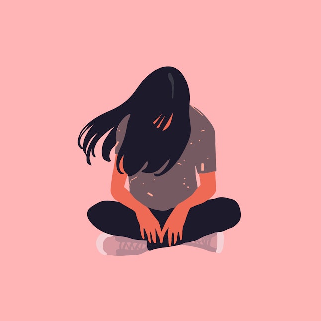 Sad and lonely teenager girl sitting in lotus position on the floor and lowered her head down. Depression, sorrow, sadness, mental disorder, illness. Flat vector illustration